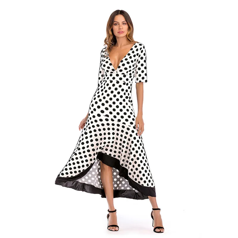 

Polka-Dot Printing Vogue Length Dress 2018 New Elegant Women Vestiti Donna Half Sleeve Deep V Neck Hem Irregular Ruffled Elbise