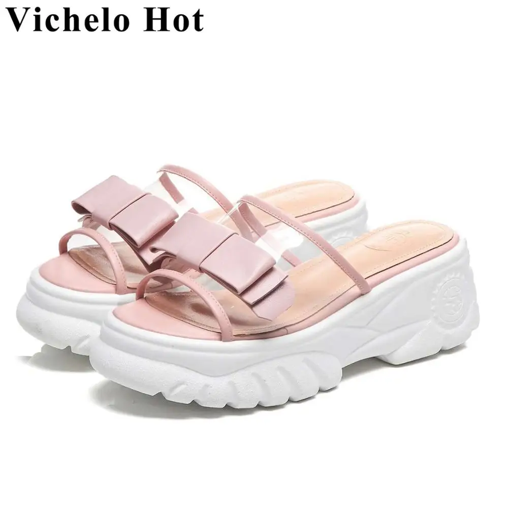

2019 plus size princess style peep round toe butterfly-knot decoration mules med bottom flat platform pvc material sandals L9f1