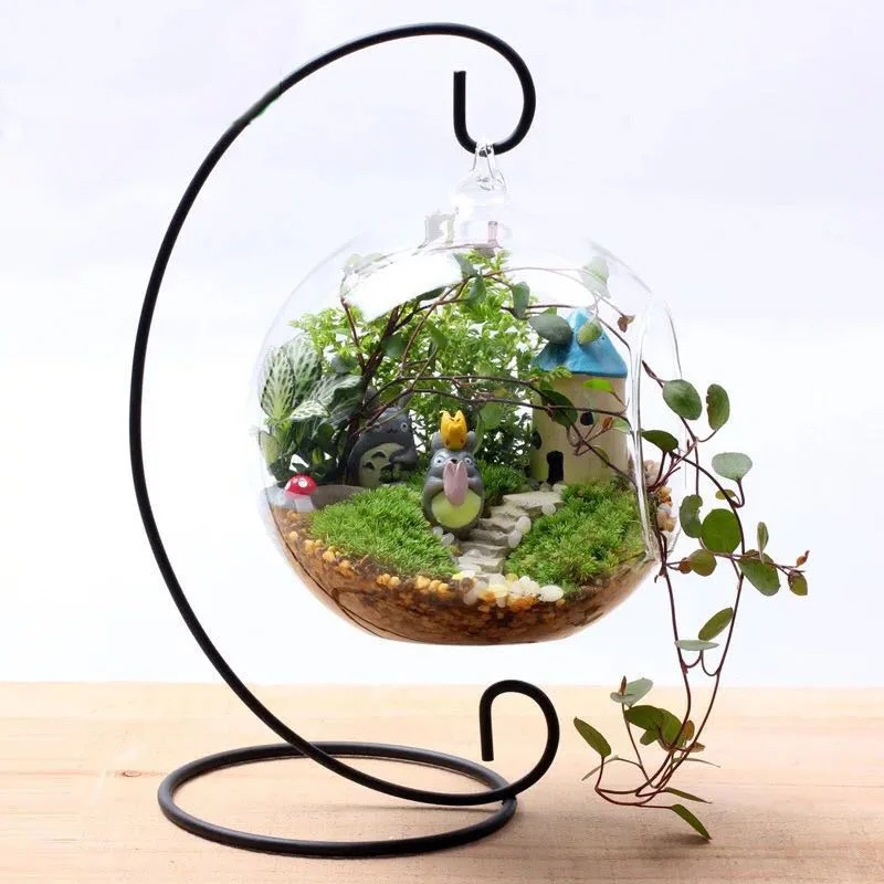 

New Arrivals Clear Ball Shaped Glass Hanging Vase Bottle for Fish Plant Flower with Metal Stand Decoration