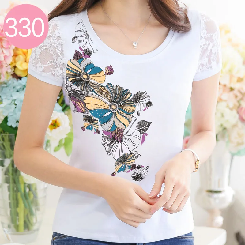 Camisetas verano mujer женские Стразы с коротким рукавом футболки женские топы с бриллиантами цветочный принт женские футболки Vetement Femme - Цвет: 330