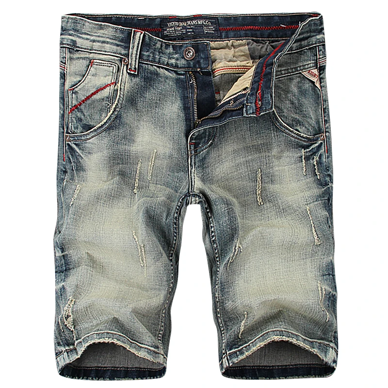 

Summer new European and American style light color old hole stretch denim shorts men summer straight shorts slim retro jeans