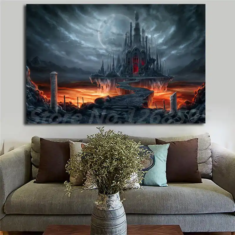 Skyrimゴシック城ダーク ムーンカラス壁紙キャンバスポスタープリント絵画装飾画像現代家の装飾 絵画 書道 Aliexpress