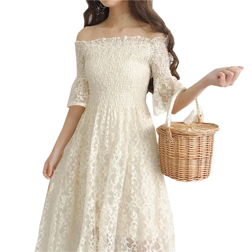 

2018 New Fashion Spring Women Dress Slash Neck Lace Dresses Summer Mesh Dress Midi Long Lady Off Shoulder Dress Vestidos WZ267