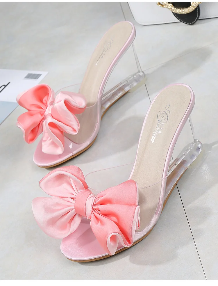 Butterfly-knot High Heel Sandals Women Summer Flower Crystal Shoes Lad Transparent Heels Peep Toe Wedges Ladies Sexy Sweet Shoes