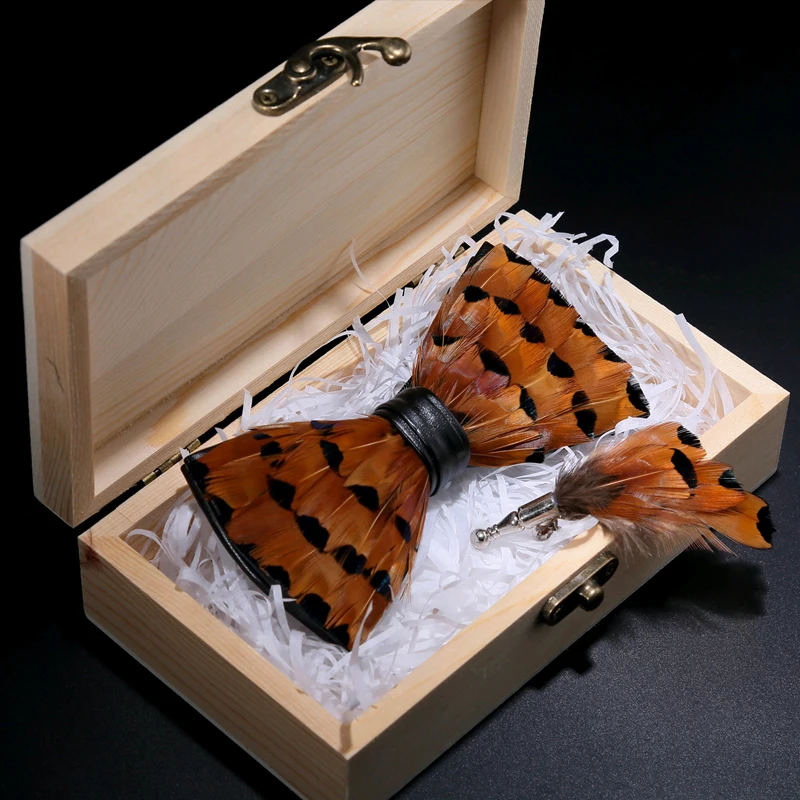 

JEMYGINS Original Design Yellow Bird Feather Bow Tie Handmade Bowtie Brooch Gift Wooden Box Combo Set for Men Wedding Party