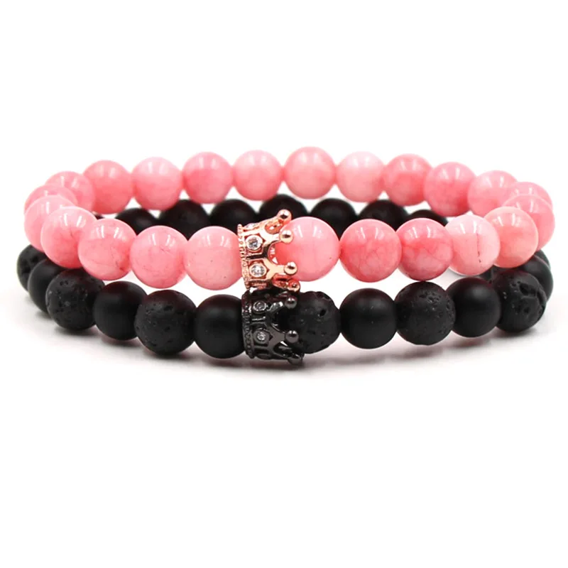 

Fashion black pink stone beads with gold black alloy crown bracelet ladies men's couple Pulsera jewelry