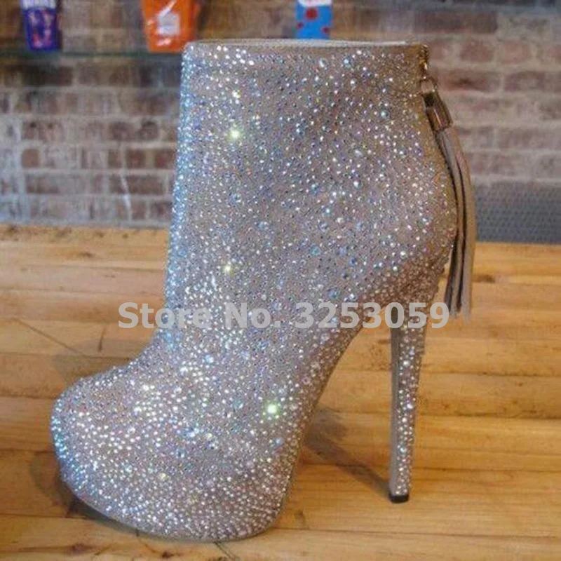 

ALMUDENA Women Bling Bling Crystal Embellished Stiletto Heels Ankle Boots Fringe Platform Sparkling Wedding Party Shoes