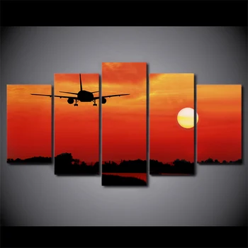 

5 Pcs Canvas HD Printed Airplane in Red Sunset Poster Framed Wall Art Picture Paintings For Living Room Deco Maison