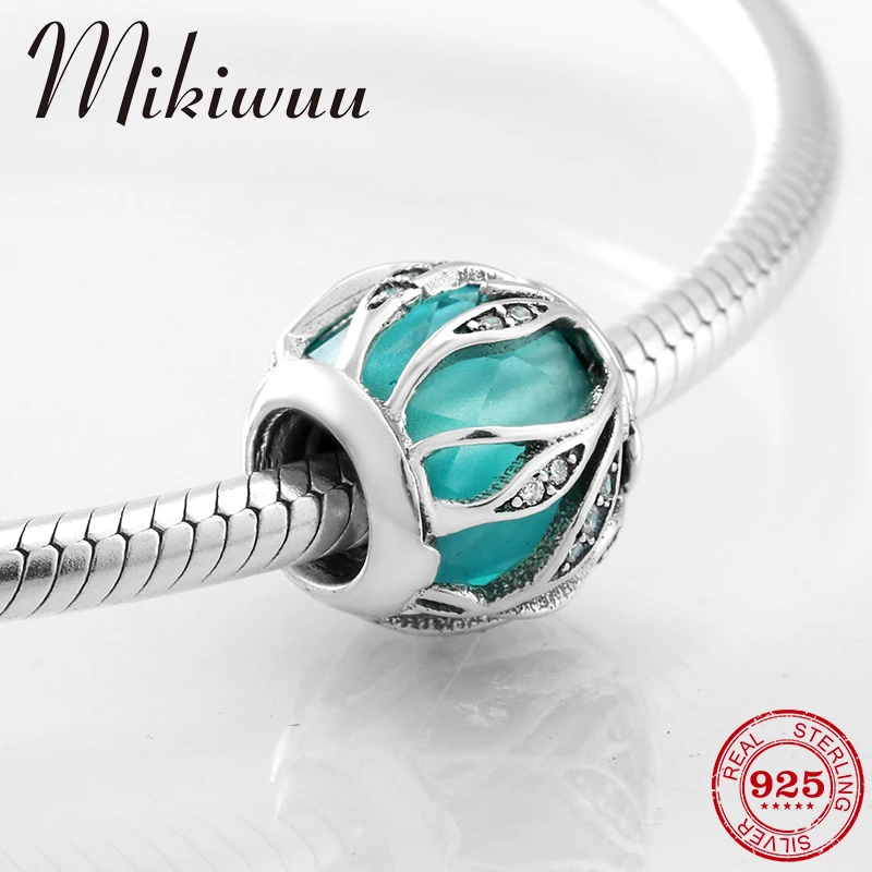 

925 Sterling Silver Round Hollow out crystal CZ Green Murano Glass fine Bead Jewelry making Fit Original Pandora Charm Bracelet