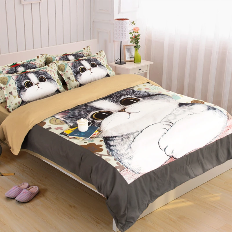 عالية الجودة 3d الكرتون حاف الغطاء مجموعة للأطفال القط طباعة مجموعات الفراش المخدة الملكة حجم 100% ٪ سرير نوم