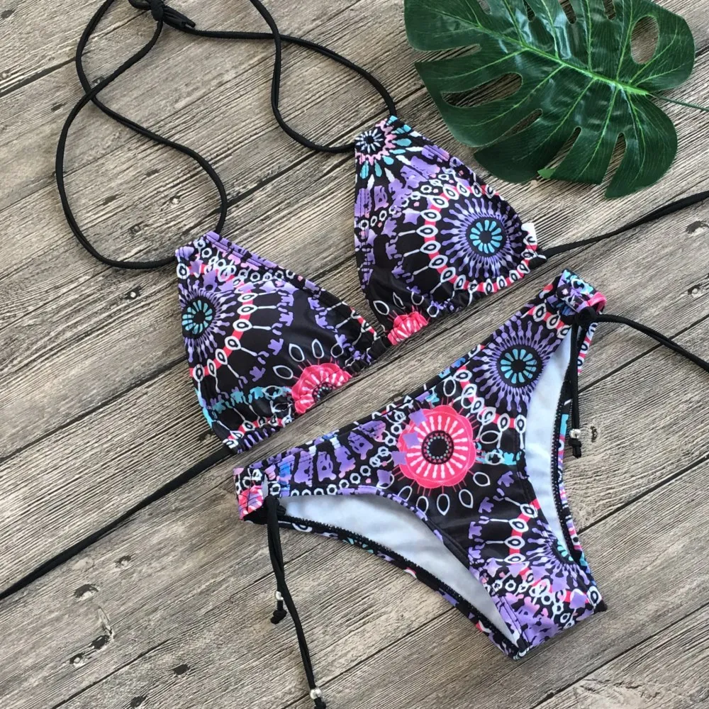 Billige 2020 Halter Bikini Bikini Set Frauen Sommer Damen Weibliche Mädchen Badeanzug Bademode Tankini badeanzug Bademode Floral Zwei stück