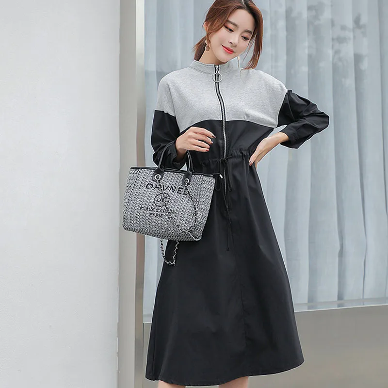 Najtaniej Jesień zima Cardigan projekt sukienki kobiety moda z długim rękawem elegancki powrót Patchwork Casual długi zamek błyskawiczny sukienka z golfem 9511