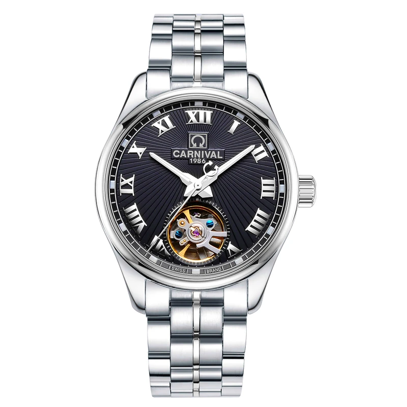 

Luxury Carnival Watch men tourbillon silver stainless steel Automatic machine Waterproof Roman wristwatch relogio masculine