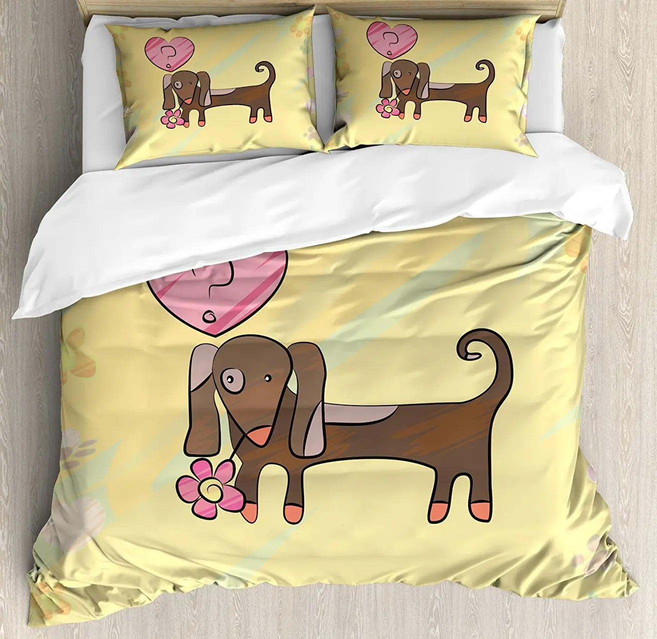

Duvet Cover Set , Colorful Sketch Style Dachshund Puppy with Floral Frame Design Cute Pet Character, 4 Piece Bedding Set