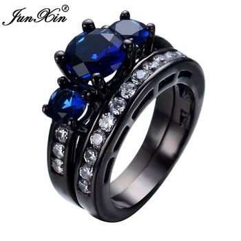 

JUNXIN New Crystal White Zircon Blue Round Stone Women Ring Sets Black Gold Filled Fashion Jewelry Vintage Wedding Rings