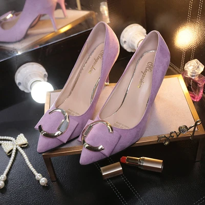 

2017 women's shoes spring new Korean version of cashmere surface C button with a shallow mouth pointed thick with a single heel