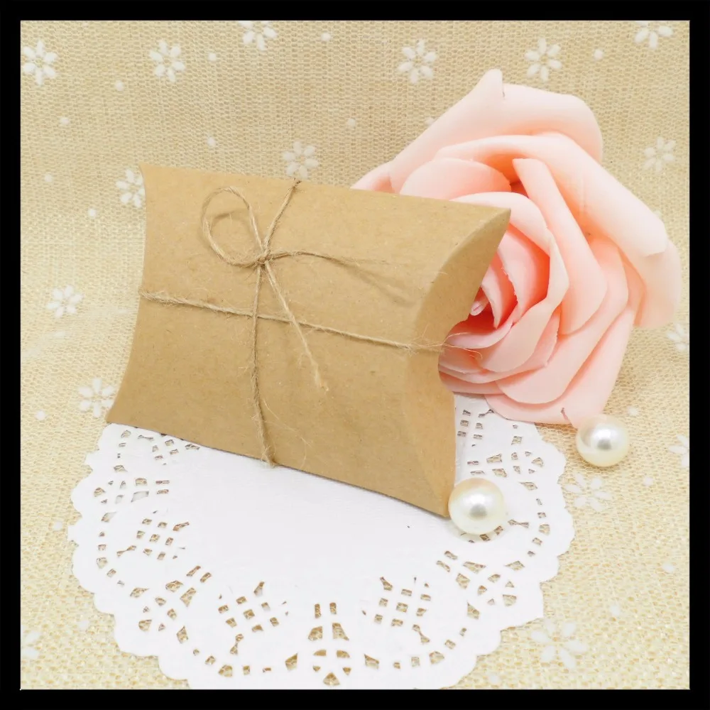 Ctrue 12pcs Kraft Pillow Candy Box with Burlap Ribbon Wedding Favors