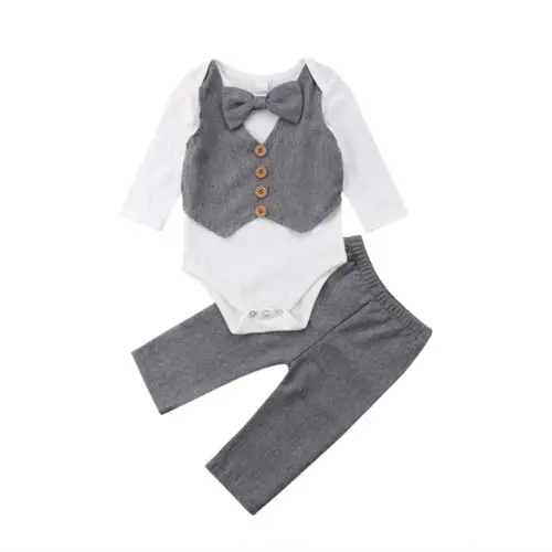 Pudcoco/Одежда для мальчиков; костюм для новорожденных; одежда для маленьких джентльменов; топы с галстуком-бабочкой; комбинезон; брюки; деловой костюм - Цвет: Серый