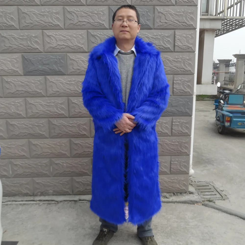 

2017 autumn and winter turn-down collar long sleeve solid blue faux fur coat for men men's fashion maxi outerwear coats