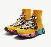Rhinestone Shoes Sneakers Woman Crystal gemstone Ankle Boots Yellow Women Flats Sneakers Shoes Women's Sneakers WK95