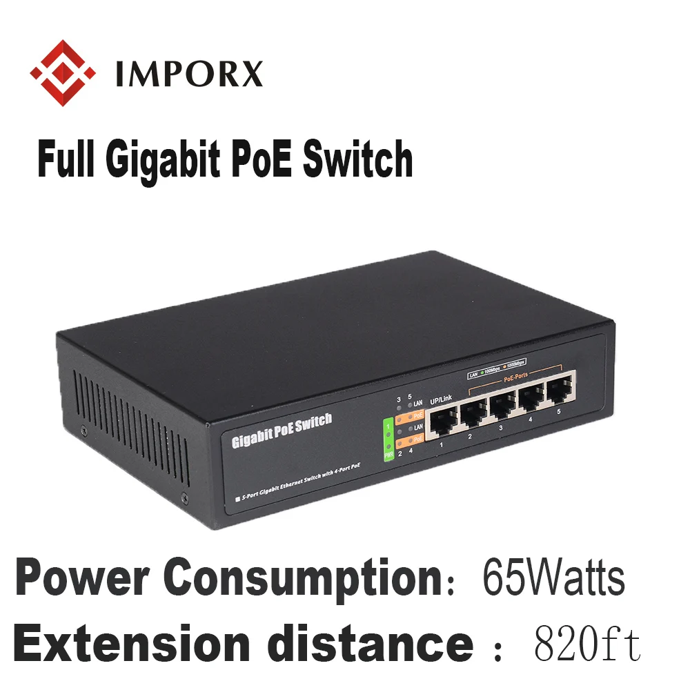IMPORX 4CH коммутатор питания через Ethernet PSE6504G 5 Порты 10/100/1000 Мбит/с Ethernet-коммутатор Поддержка IEEE802.3af/на Мощность более 4POE Порты 1 Uplink Порты и