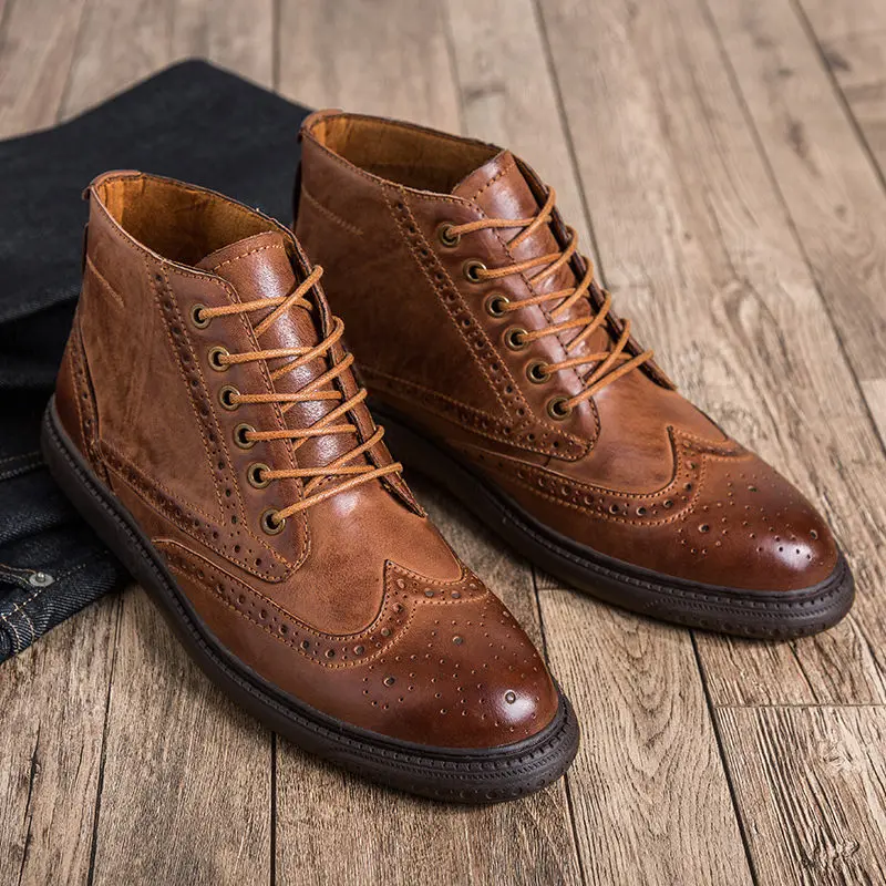 TOP Recommand !! NEW Design Retro Men's Carved Boots British Style Lace Up Business Man Leather Ankle Boots British Style