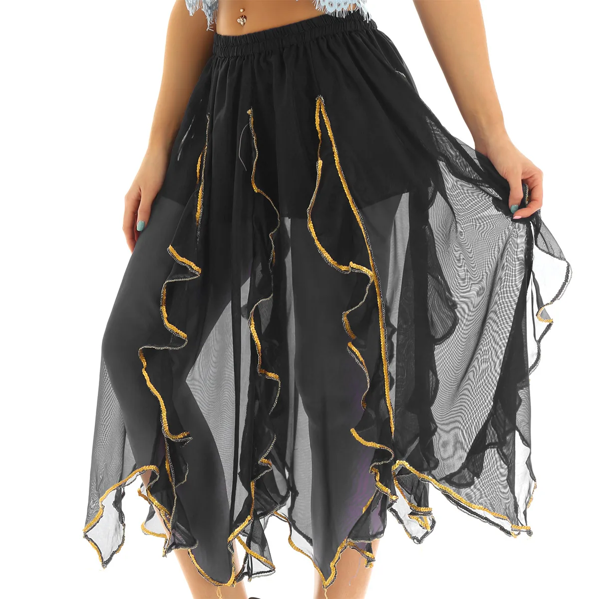Женская юбка для танца живота с эластичным поясом, гофрированная золотистой отделкой, асимметричный макси, этнический шифон, танцевальный