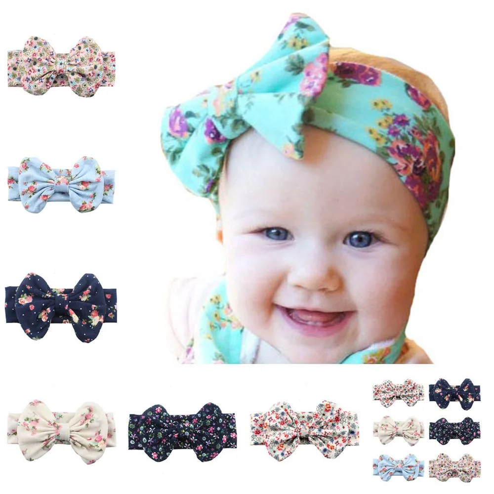 

Elastic Print Flower Cotton Big Bow Headband For Kid Girls Hair Accessories Turban Hair Band