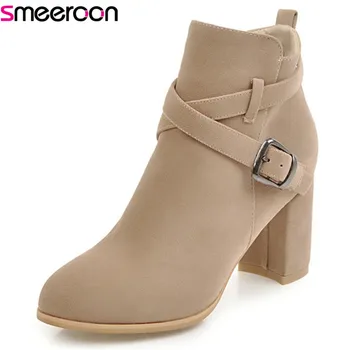 

Smeeroon pointed toe women boots zip+buckle autumn winter boots high heels ankle boots for women prom shoes big size 33-43