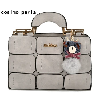 

Fashion Designer Brand Women Fur Handbags with Bear Ball Satchel Boston Totes Plaid Luxury Leather Ladies Crossbody Shoulder Bag