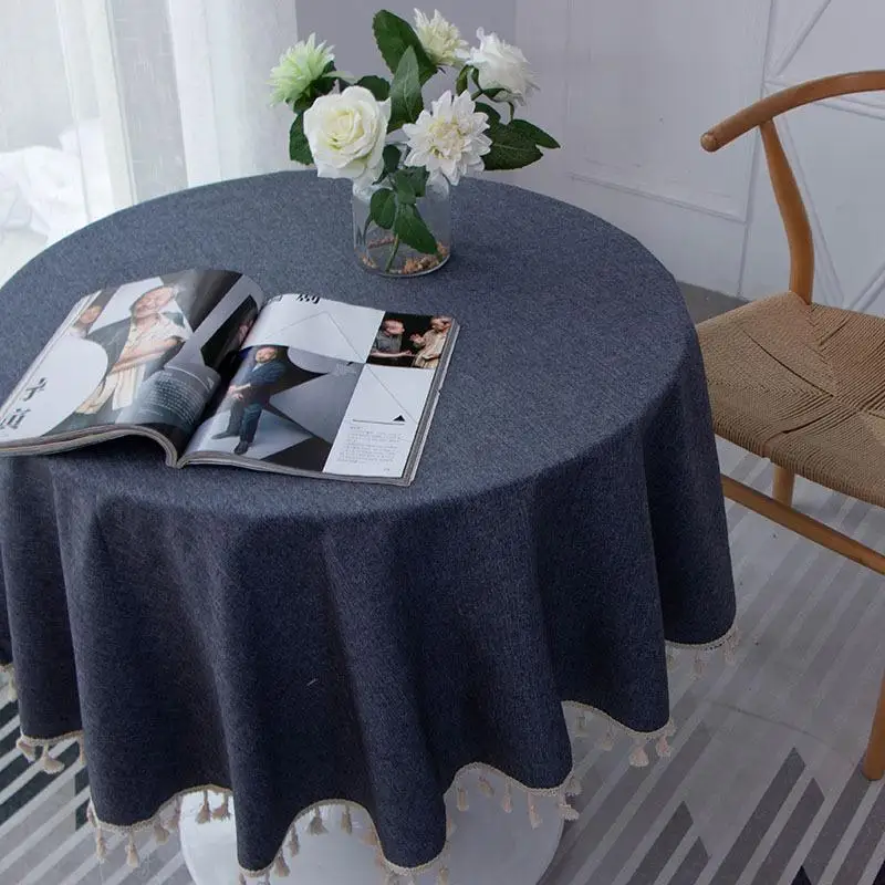 

Japanese Style And Wind Simple Color Table Cloth Weave Cotton And Linen Tablecloth Round Plain Solid Color Tassel Table Cloth