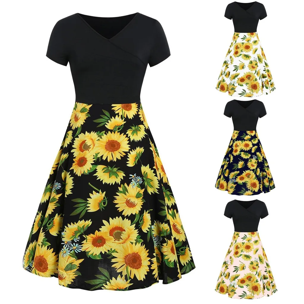 

Ladies Summer Dresses Fashion Party A-line Elegant Women High Waist Summer Short Sleeve Top Sunflower Print Retro Dress