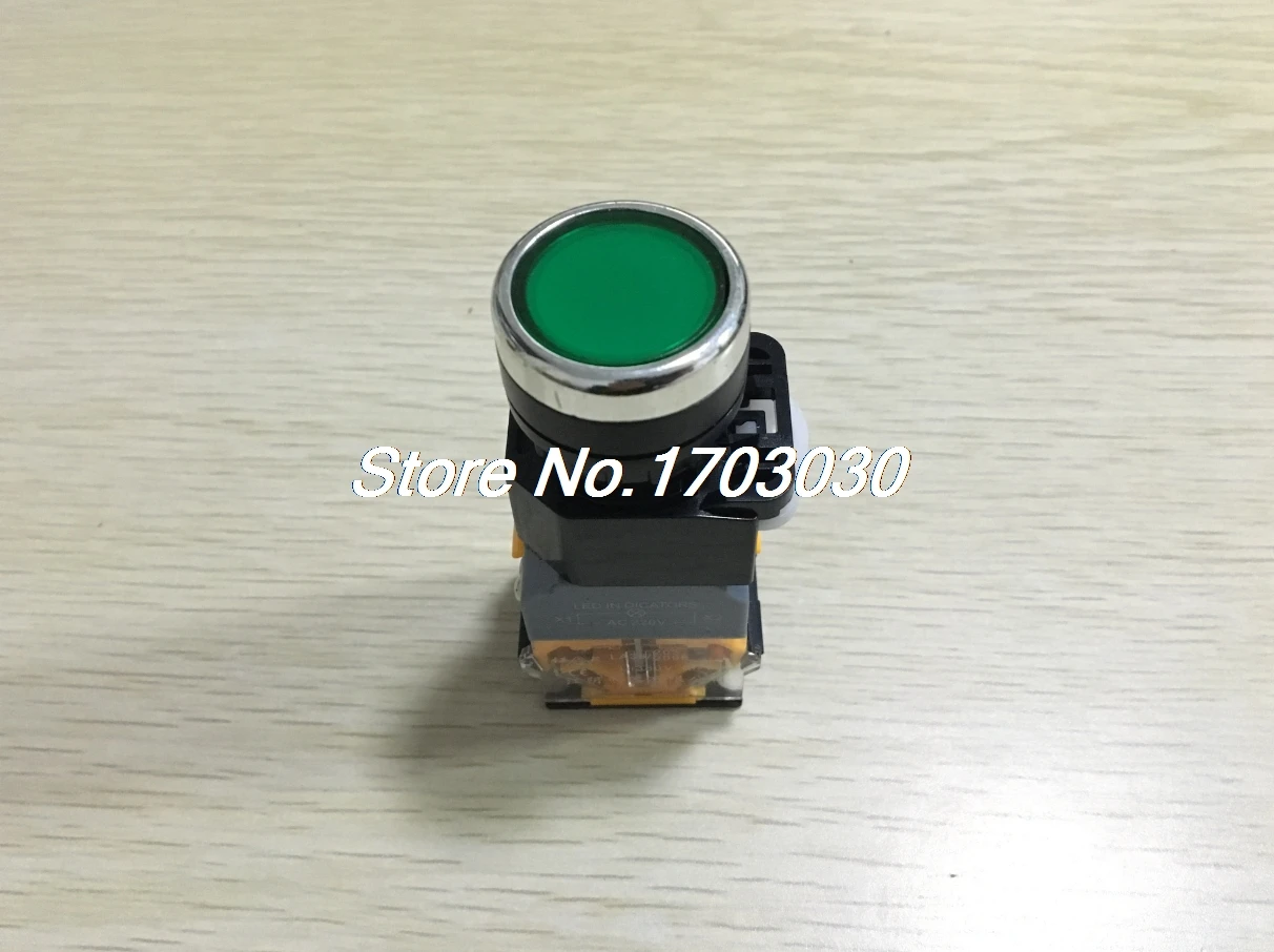 

AC 220V 1NO 1NC DPST Flat Momentary Push Button Switch w Green LED Light