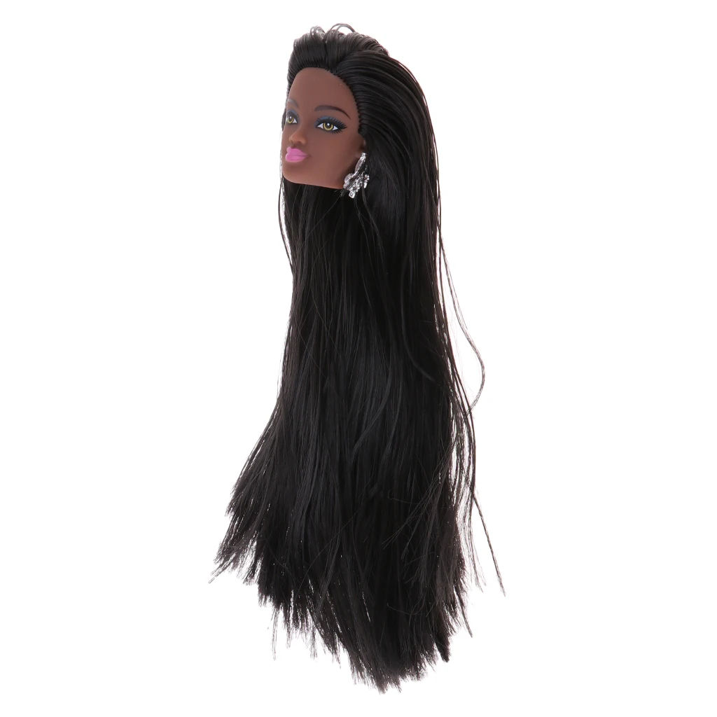Doll Head with Wig Black Skin Make up Face Model DIY Cosplay For 1/6 Doll Accessories for Girls, Long Straight Hair