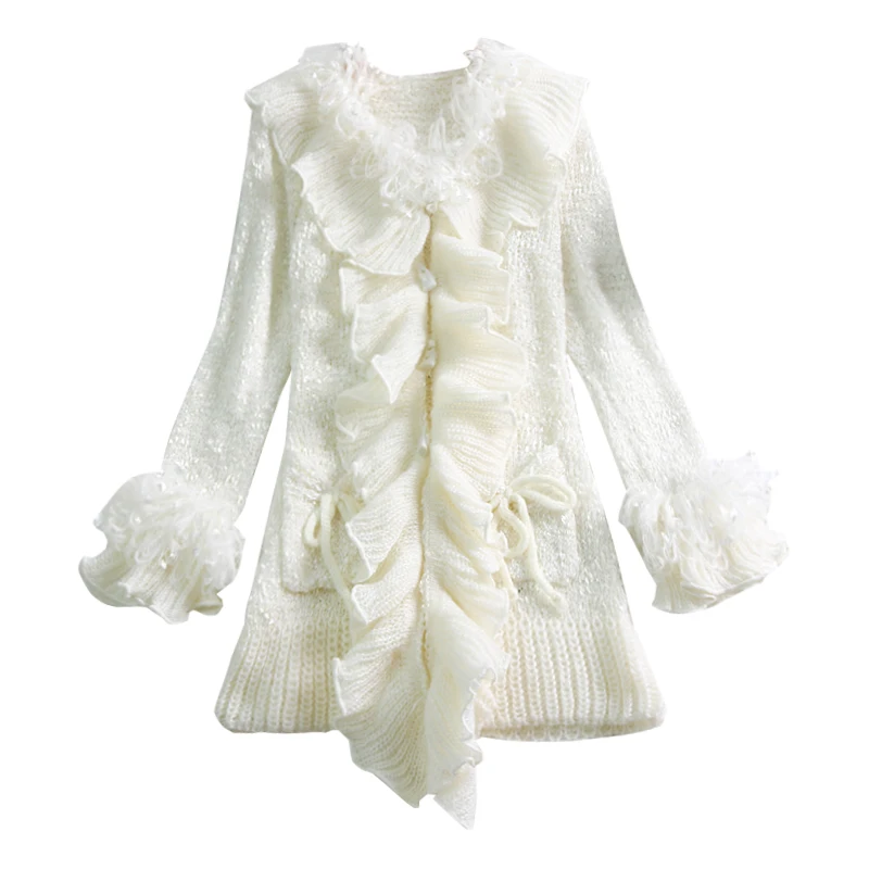 Elegant Knitted Open Sticch White Female Japan Princess Sweet Cute Ruffles Long Sleeve Cardigans Flare Women Sweater |