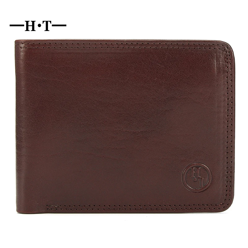 

HT Short Wallet Genuine Cowhide Leather Bifold Purses Man Credit Card Holder Business Style Male Wallets Small Carteria Purse