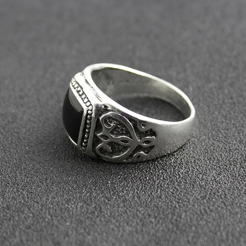 Size:8-11 High Quality Antique Silver Plated Men Ring Christmas New Ring Black Square Enamel Rings Fine Jewelry
