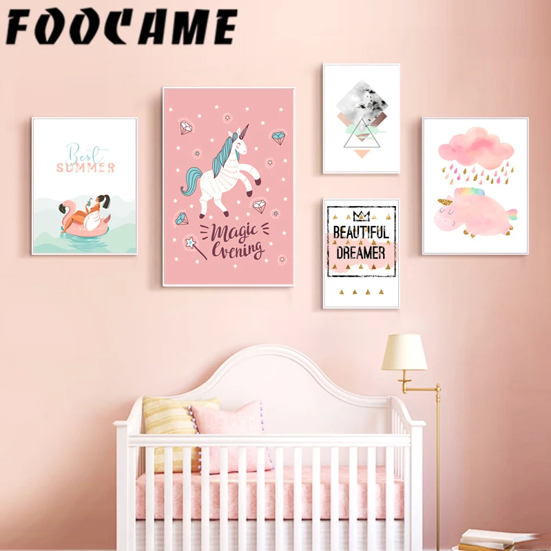 FOOCAME Unicorn Cartoon Nordic Poster Print Nursery Wall Art Canvas Painting Pink Sweet Home Decor Kids Room Decoration Pictures | Дом и сад