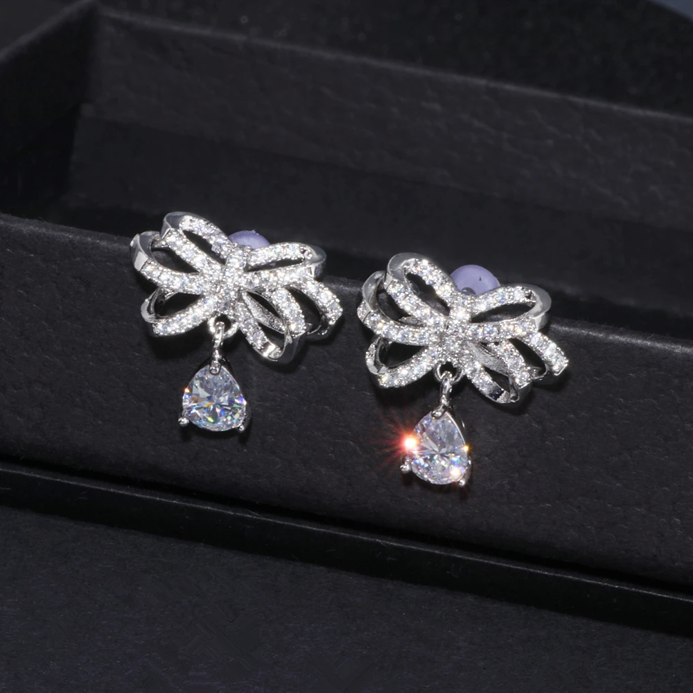 

Elegant Sliver Color Cubic Zirconia Bowknot Pendant Dangle Earrings Luxury Bridal Wedding Drop Earring for Women Wholesale WX079