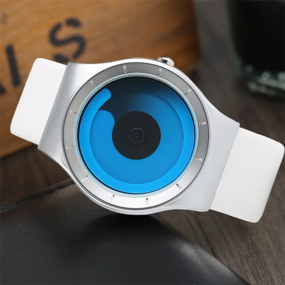 Fashion Mens Watch Leather Analog Quartz Sport Wristwatch Creative Cool Blue Ocean Steel Clock Relogio Masculino Spiral Turntable Swirl Hour Clock Female (55)