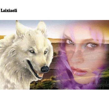 

woman and wolf Diamond Embroidery Full square round DIY Diamond Mosaic Diamond Painting portrait Cross Stitch Rhinestone decor