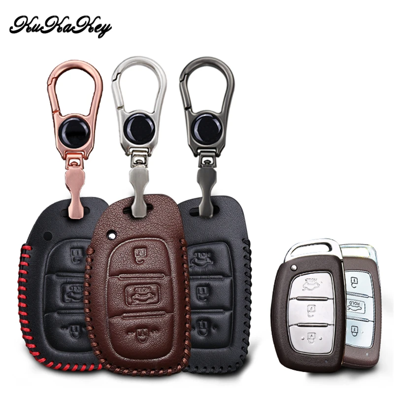 

KUKAKEY 3 Button Leather Car Key Case Cover For Hyundai IX25 IX35 I20 I30 I40 hb20 Santa Fe Creta Solaris 2017 Key Shell