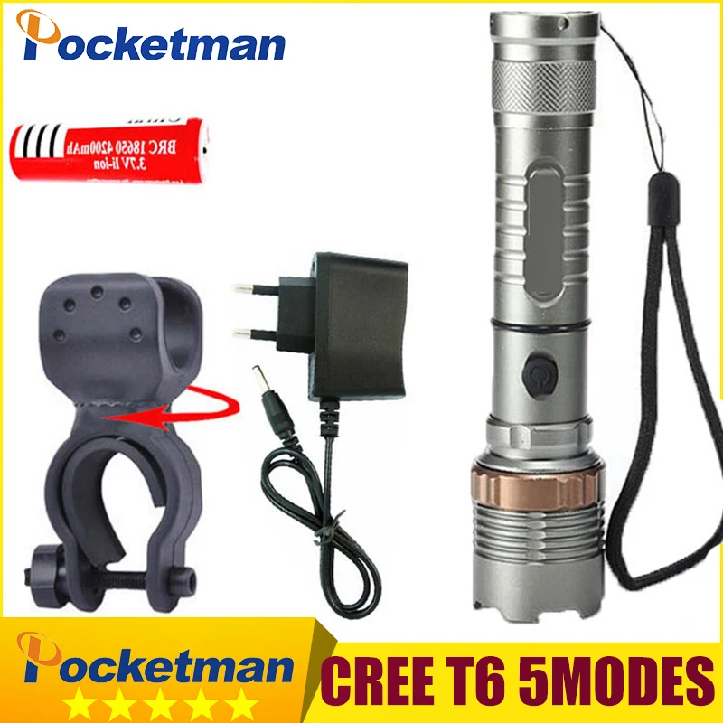 

LED Flashlight 3800lm XM-L T6 LED Torch Zaklamp Bike Light + 18650 Battery+Charger+ Torch Holder Bicycle Lampe Tactique