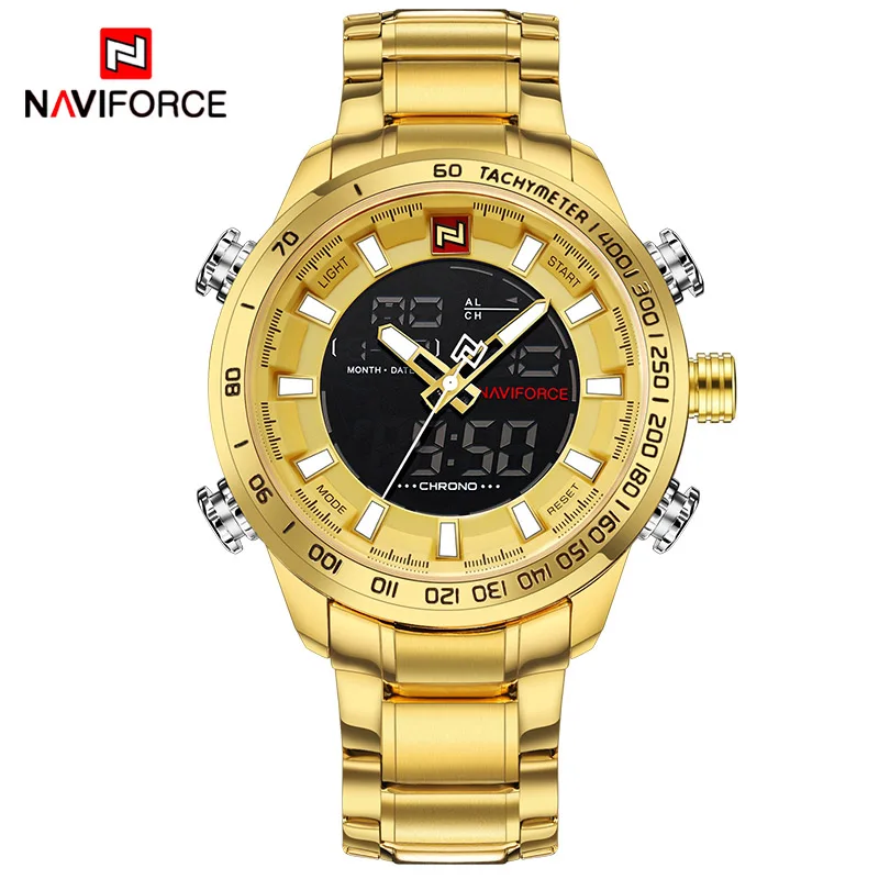 Роскошный бренд NAVIFORCE новые спортивные часы для мужчин кварцевые Светодиодные часы мужские водонепроницаемые наручные часы мужские военные часы relogio masculino - Цвет: Gold Gold