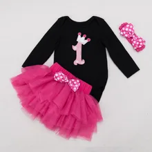 3 шт. комплект черный одежда с длинным рукавом для маленьких девочек 1st Платье-пачка для дня рожденья платье heaband Пышная юбка для 0-24months