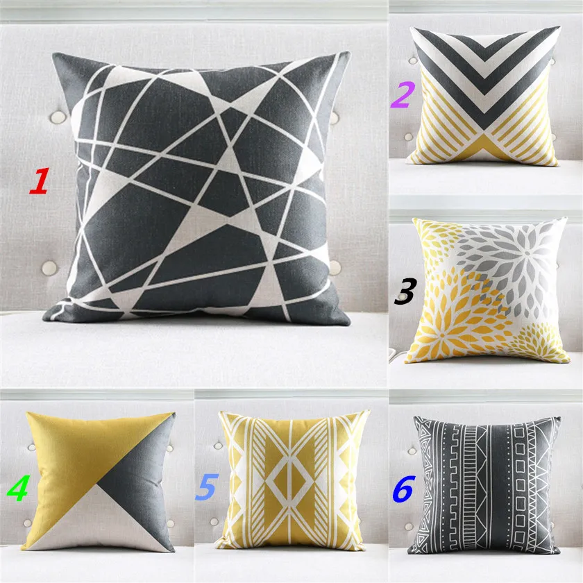 

Yellow Geometric Decorative Cotton Linen Cushion Cover Grey Grid Printed Sofa Throw Pillow Car Chair Home Decor Pillow Case