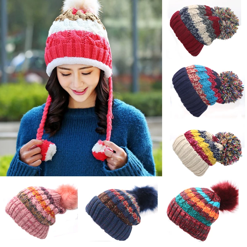 Модные меховые зимние шапки с помпоном для женщин, шерстяная теплая вязаная Шапочка, смешанные цвета, утолщенная шапка Skullies, шапки бини, женская вязаная шапка