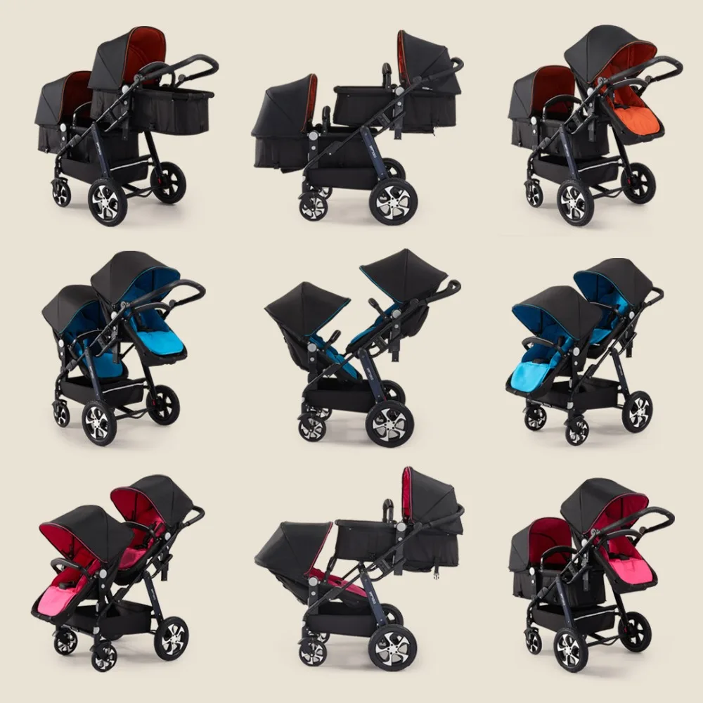 Детская прогулочная коляска для близнецов с высоким пейзажем, детская коляска с откидывающейся спинкой спереди и сзади, двойная корзина для сна, детская коляска