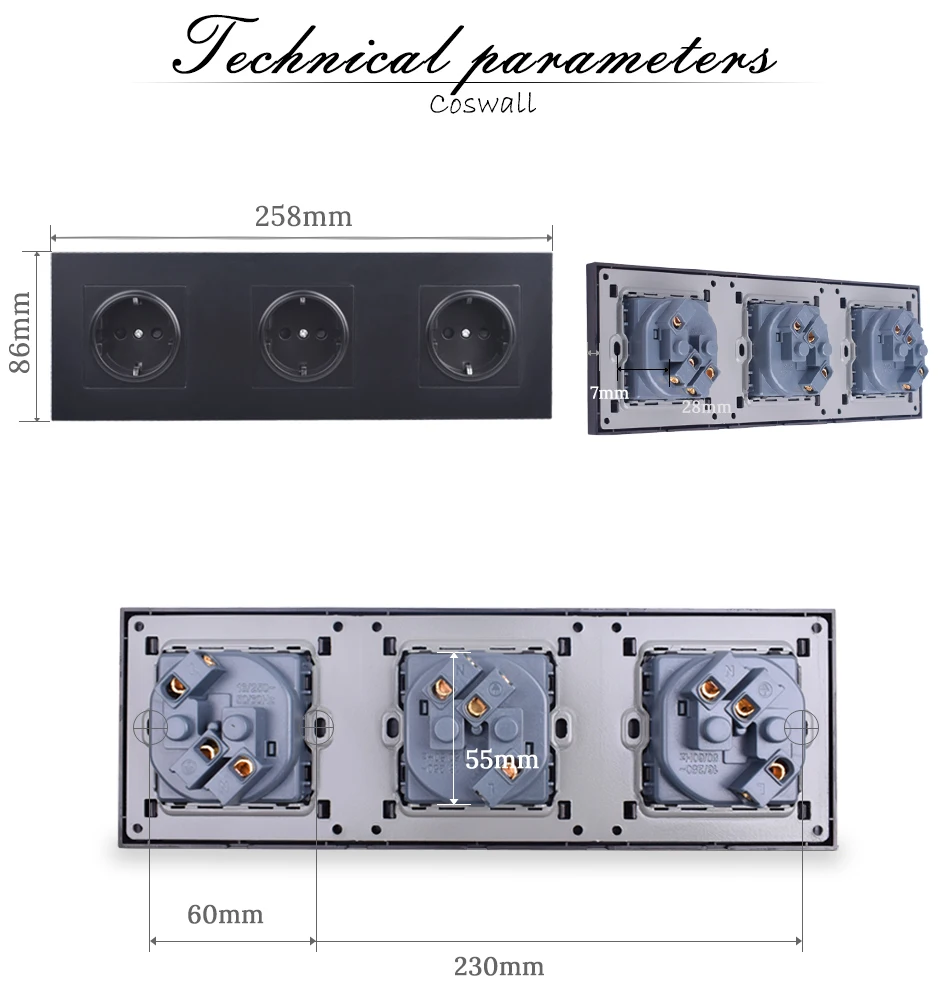 COSWALL настенная розетка с заземлением 16A стандарт ЕС тройная розетка с детской защитной дверью черный белый золотой ПК Панель
