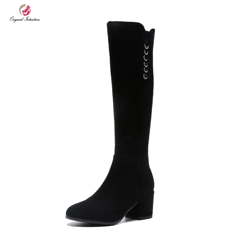 

Original Intention High Quality Women Knee High Boots Winter Round Toe Square Heels Boots Elegant Black Shoes Woman Size 3-10.5